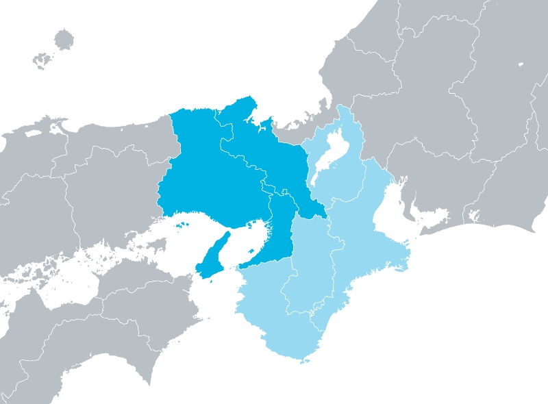 関西エリア（大阪府、京都府、兵庫県、滋賀県、奈良県、和歌山県、三重県）が着色された日本地図の画像